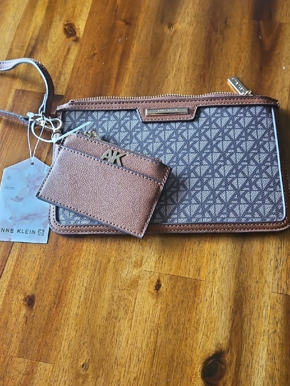 Anne Klein Brown Monogram Wristlet with Matching Card Case